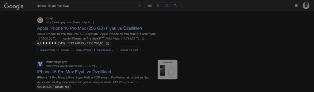 SERP'te görünen bir schema örneği.