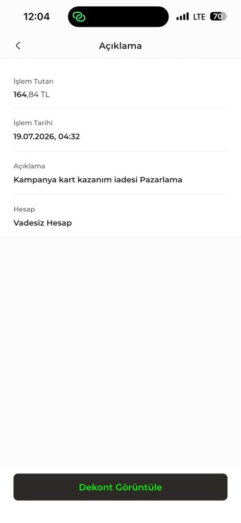 Örnek Cashback ekranı