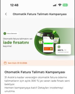 Otomatik fatura ödemeyle cashback kazanma fırsatı.