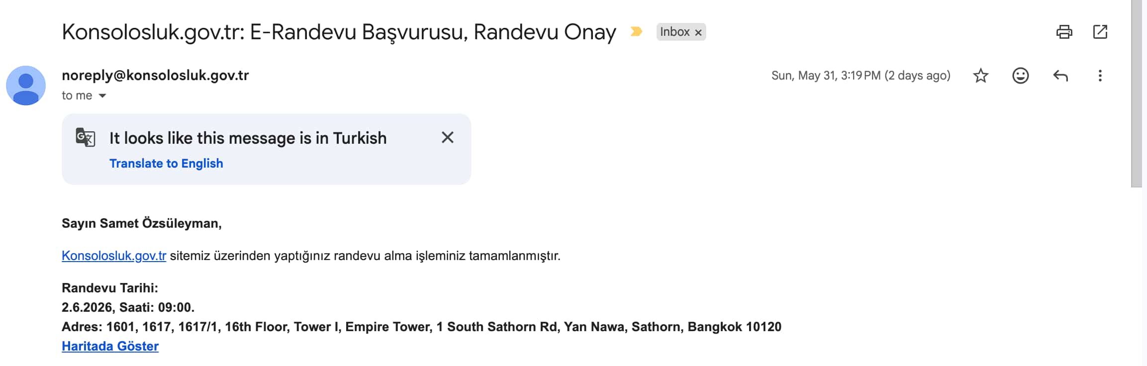 Konsolosluktan onay mailini alınız.