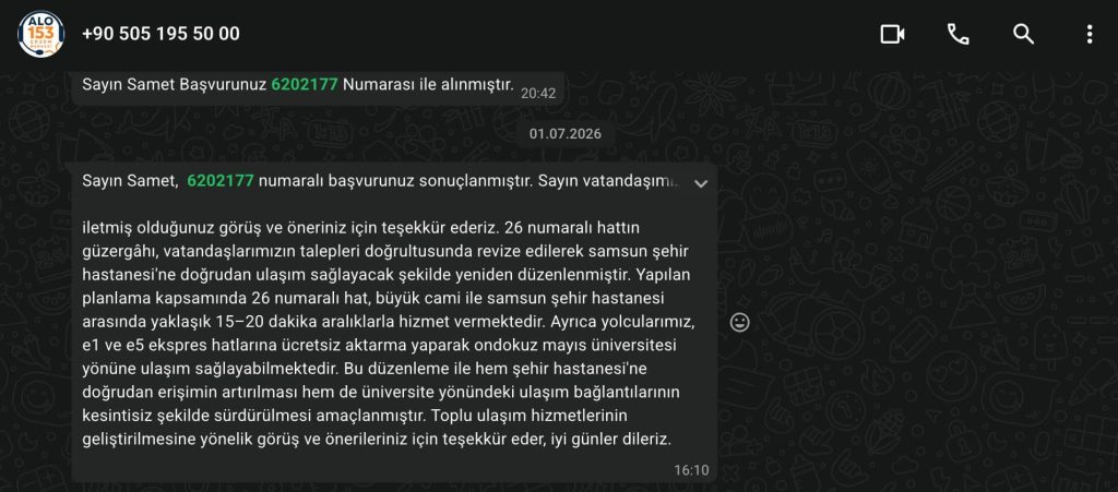 Samsun alo 153 başvuru sonucu