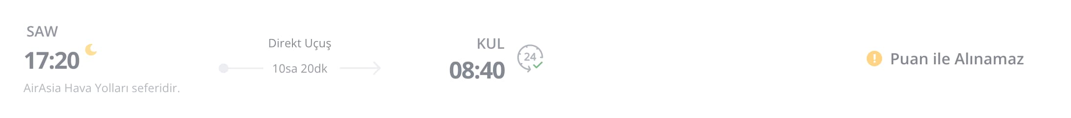Bolbol puan ile satın alınamayan bilet örneği.
