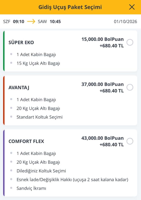 Bolbol puan paket seçim ekranı.