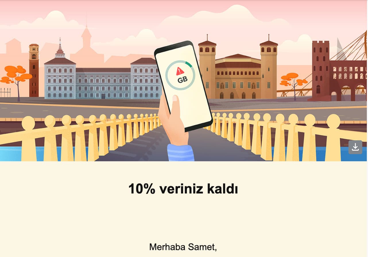 eSIM paket bitimine doğru gelen uyarı maili.