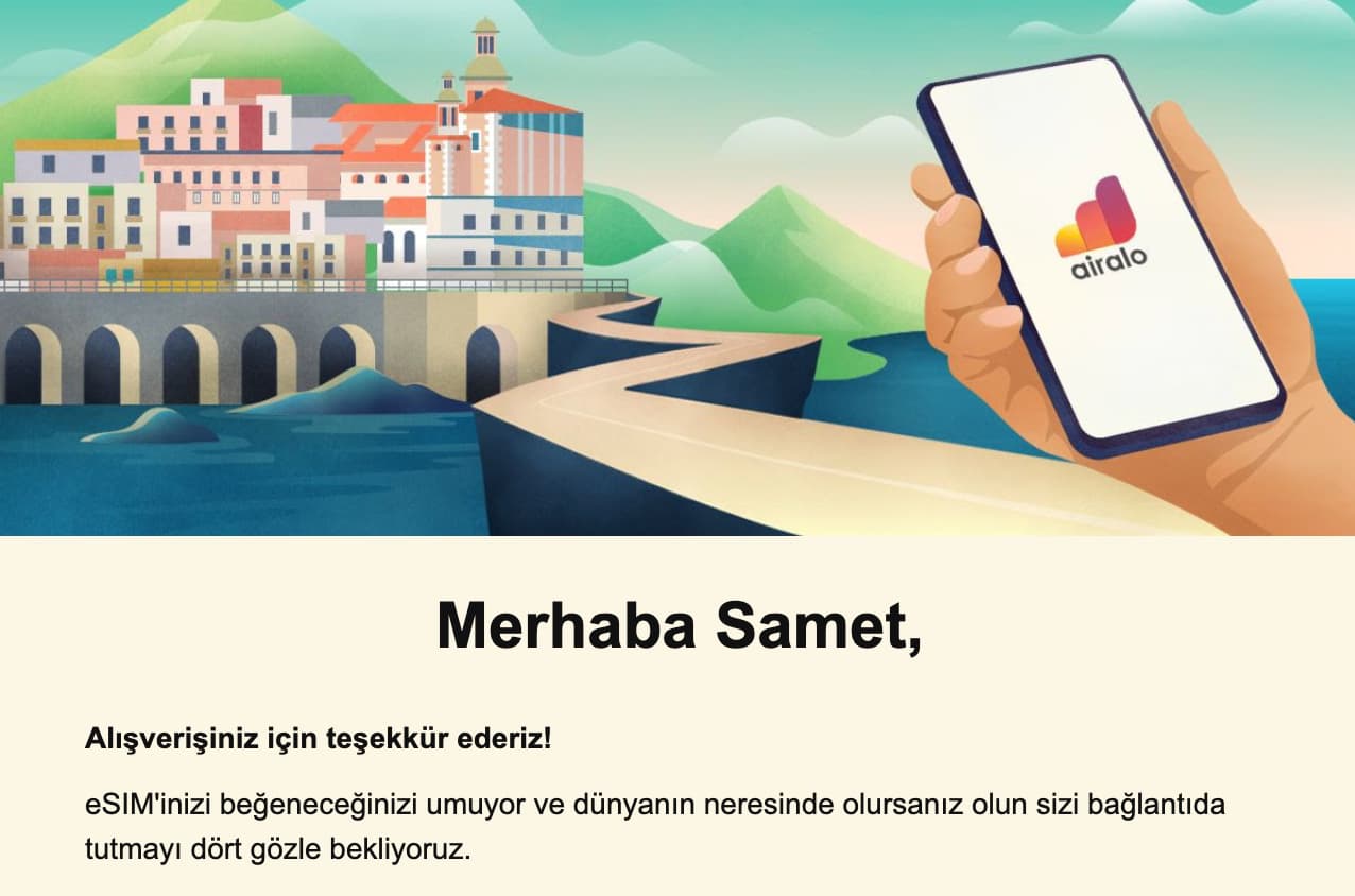 Tayland özelinde eSIM paketi aldıktan sonra gelen mail.